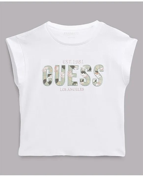 Guess Half Sleeves Embroidered And Sequinned Embellished T Shirt - White